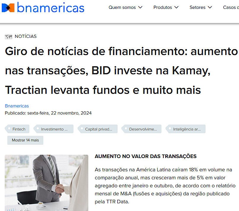 Giro de notcias de financiamento: aumento nas transaes, BID investe na Kamay, Tractian levanta fundos e muito mais